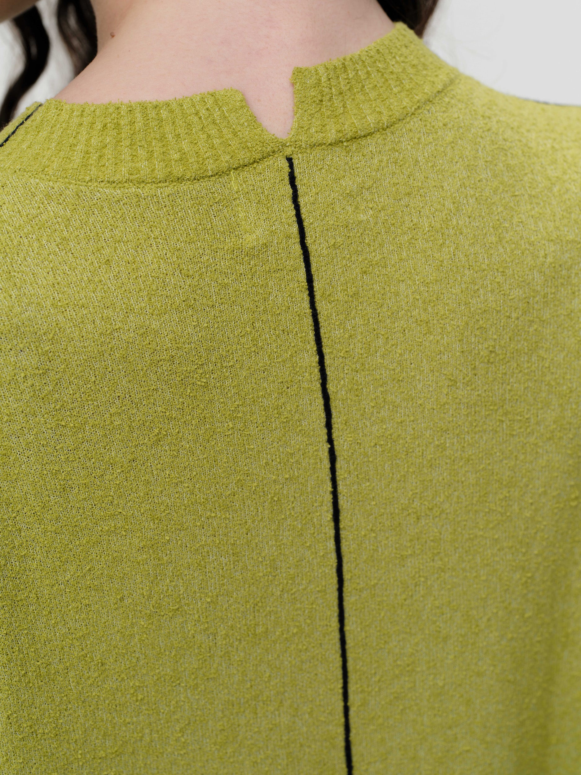 Lightweight bouclé knit summer sweater with a relaxed fit, featuring contrast stripe detailing at the back and sleeves and wide ribbed cuffs.