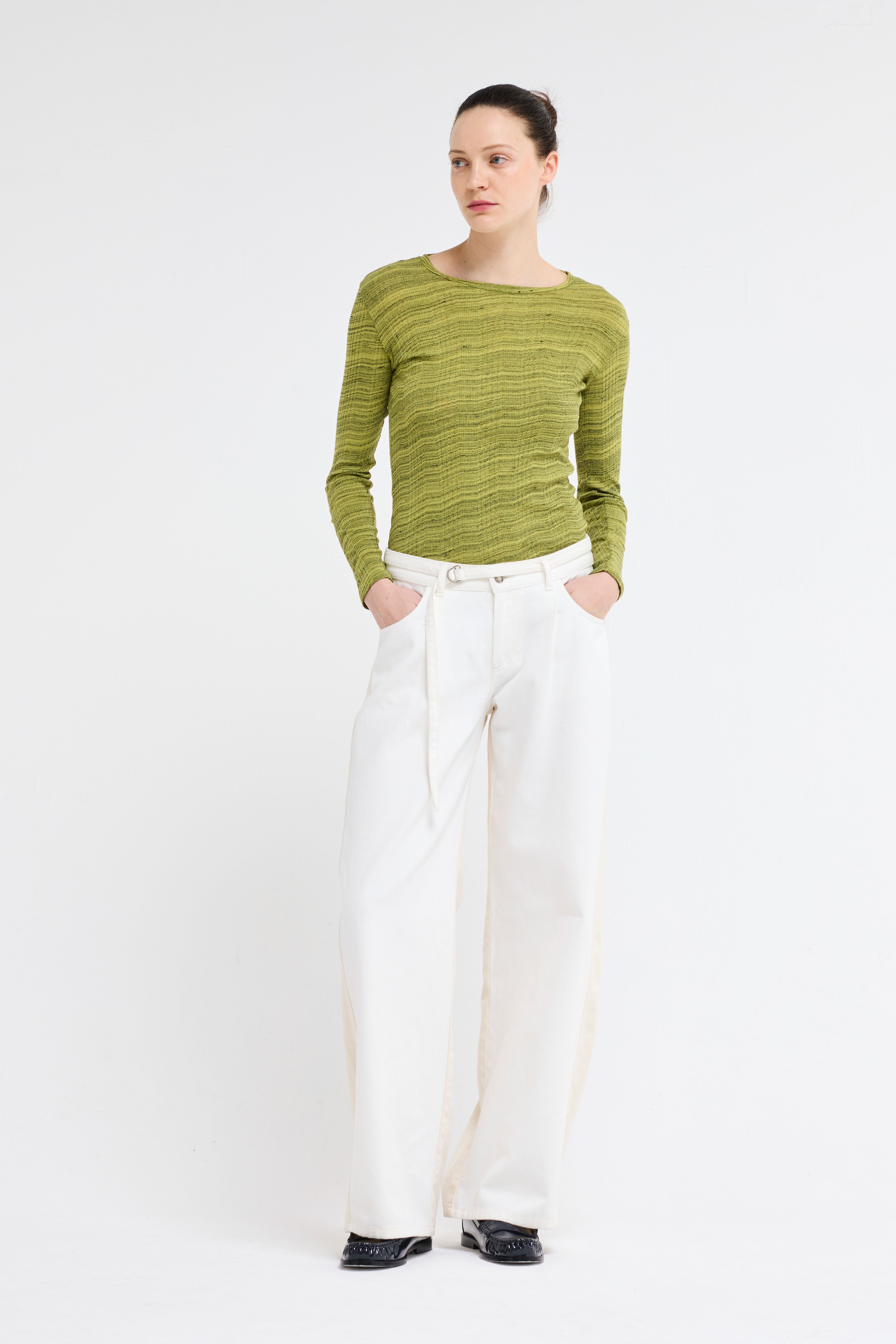 Our Sister Eve White wide-leg denim pants with belt, pockets, 100% BCI cotton.