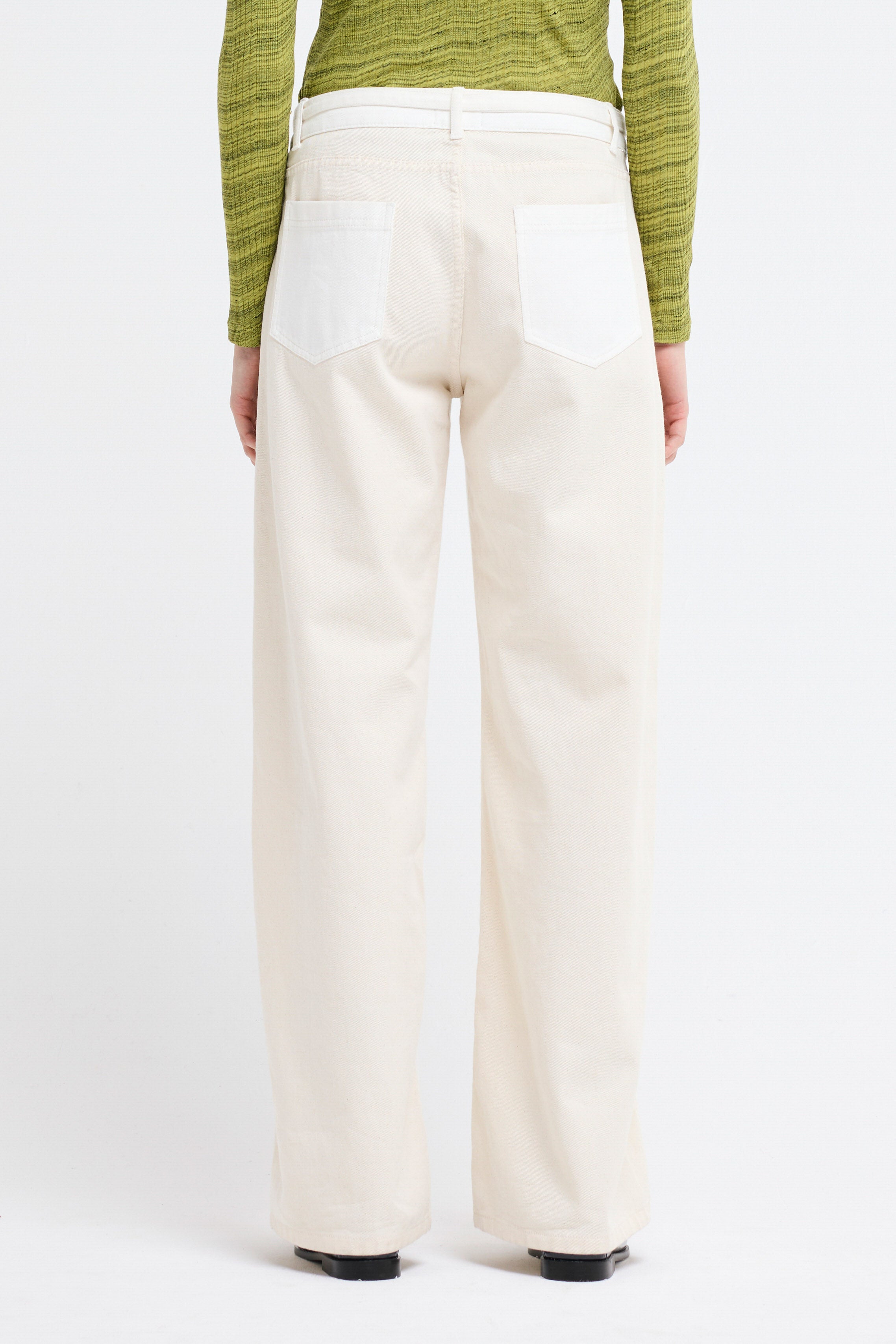 Our Sister Eve White wide-leg denim pants with belt, pockets, 100% BCI cotton.