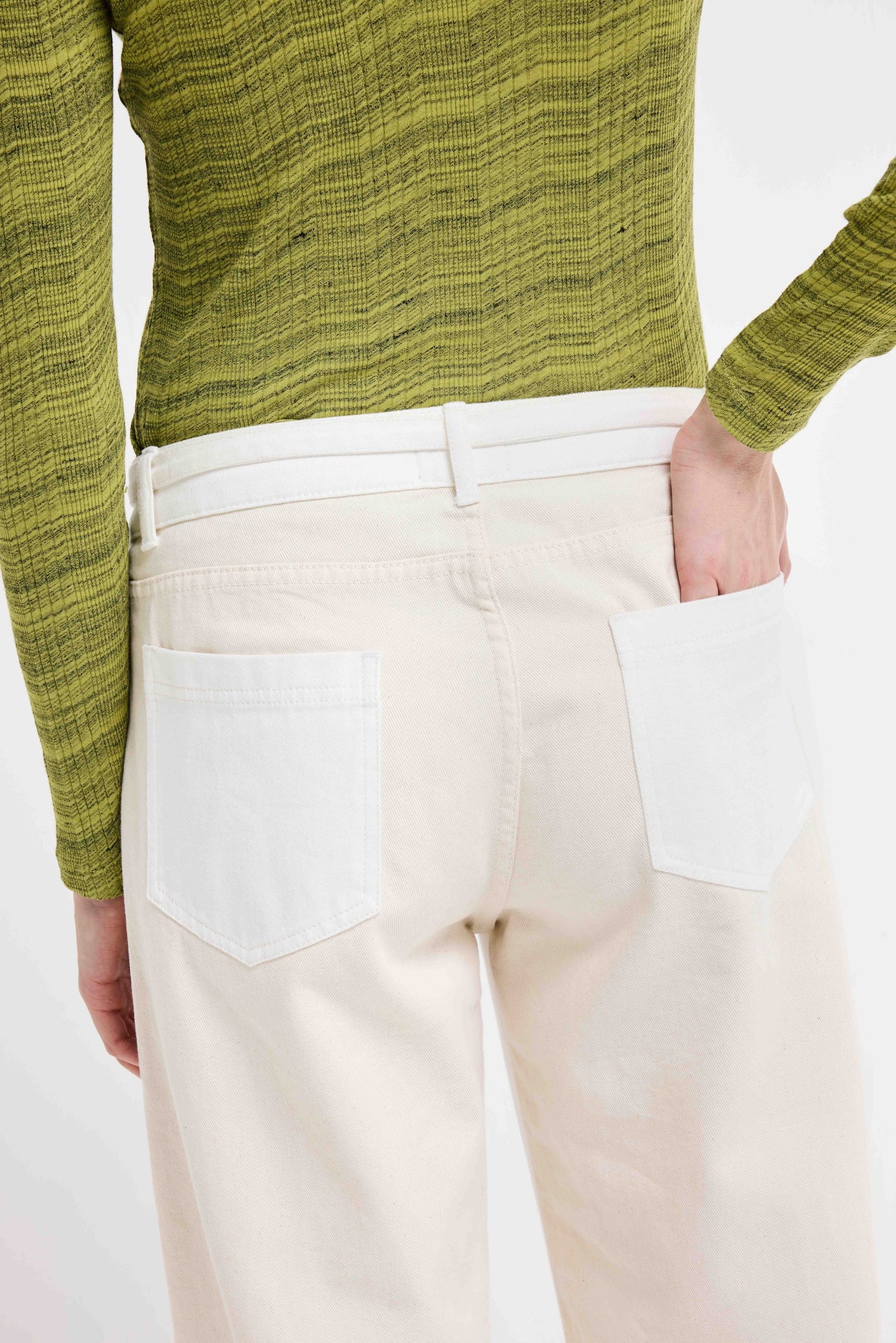 Our Sister Eve White wide-leg denim pants with belt, pockets, 100% BCI cotton