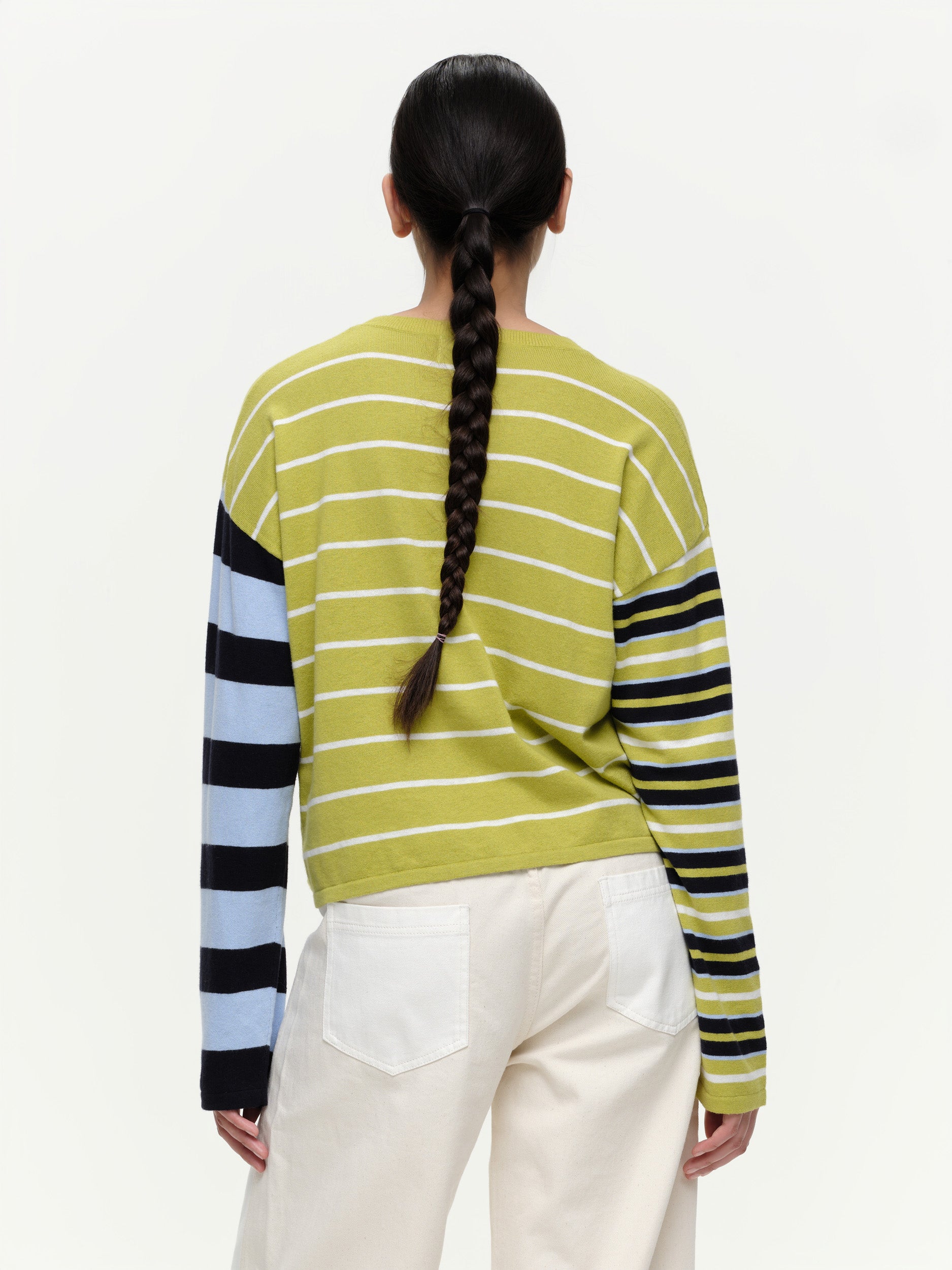 Striped knit sweater in a soft cotton cashmere blend, featuring bold seasonal colours, contrasting sleeve details, and a clean straight fit.