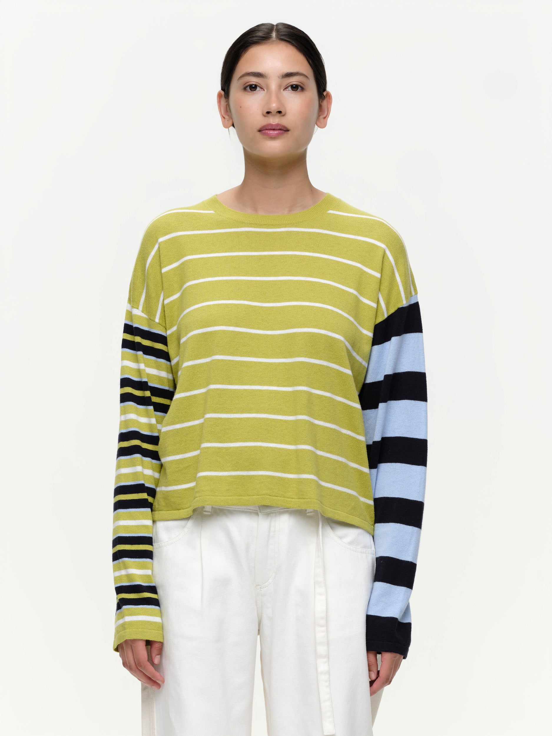 Striped knit sweater in a soft cotton cashmere blend, featuring bold seasonal colours, contrasting sleeve details, and a clean straight fit.