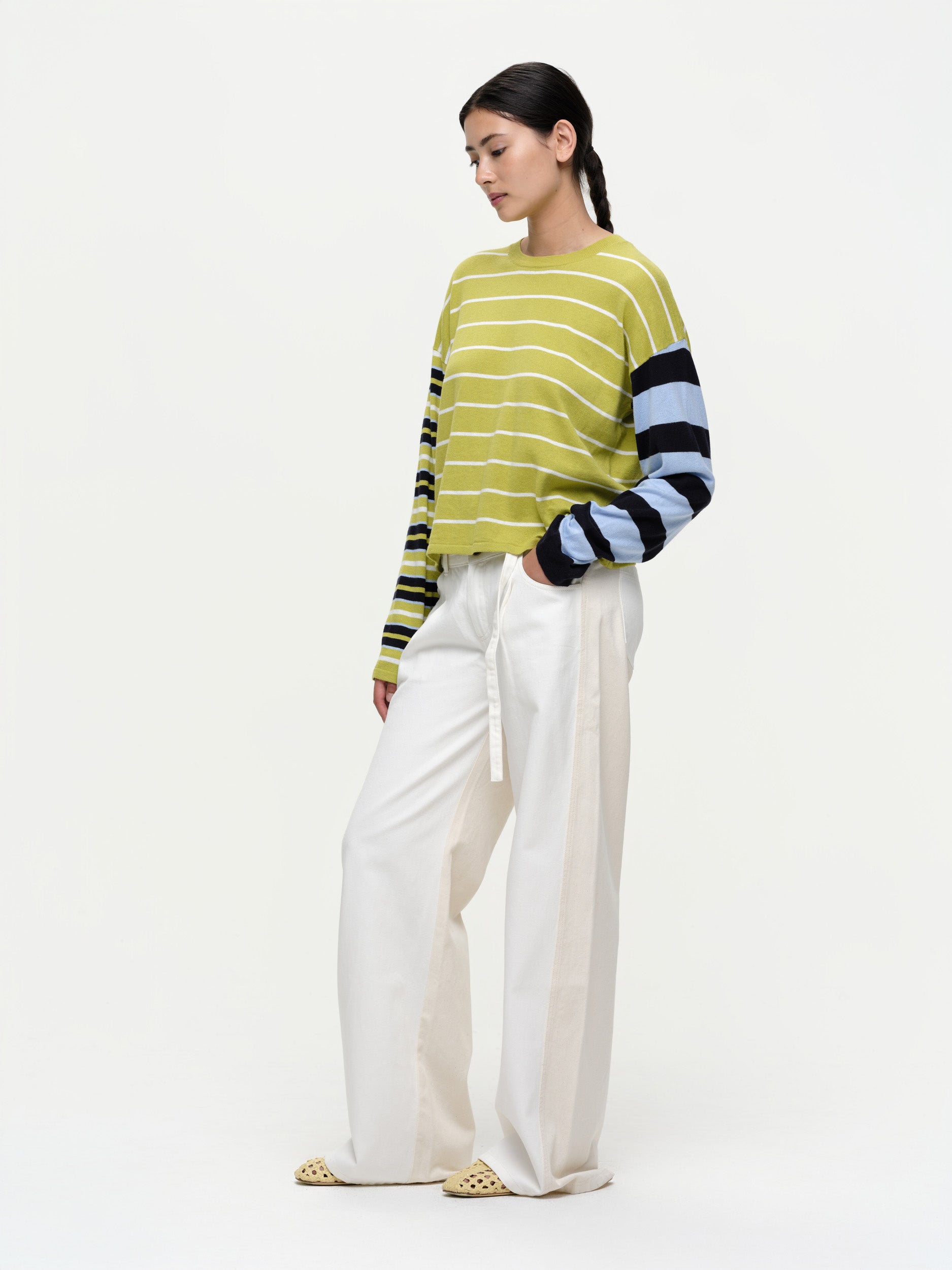 Striped knit sweater in a soft cotton cashmere blend, featuring bold seasonal colours, contrasting sleeve details, and a clean straight fit.
