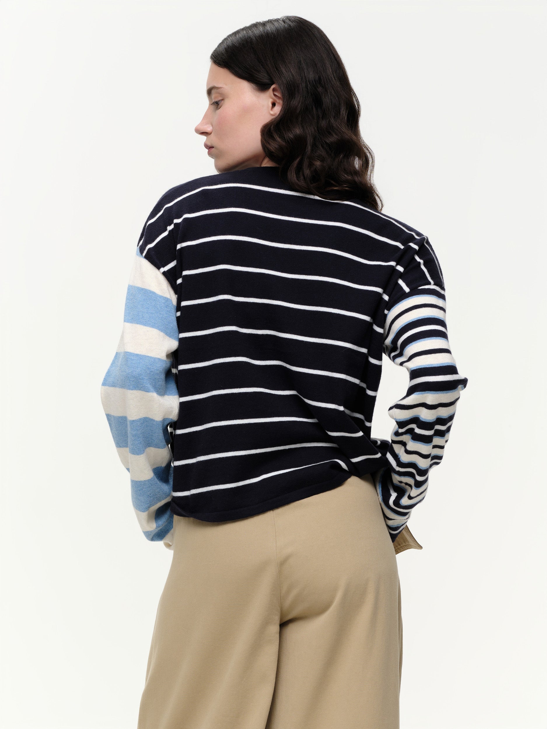 Striped knit sweater in a soft cotton cashmere blend, featuring bold seasonal colours, contrasting sleeve details, and a clean straight fit.