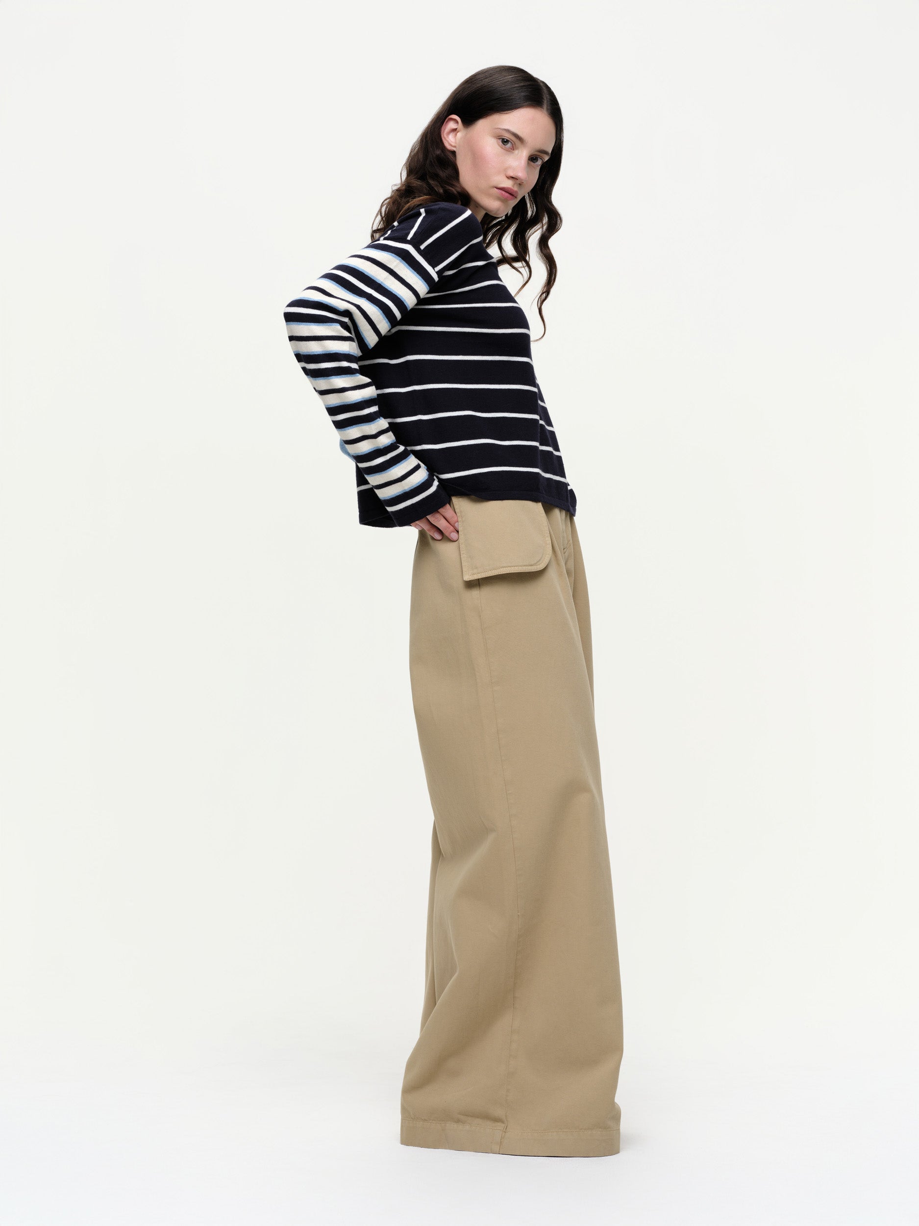 Striped knit sweater in a soft cotton cashmere blend, featuring bold seasonal colours, contrasting sleeve details, and a clean straight fit.
