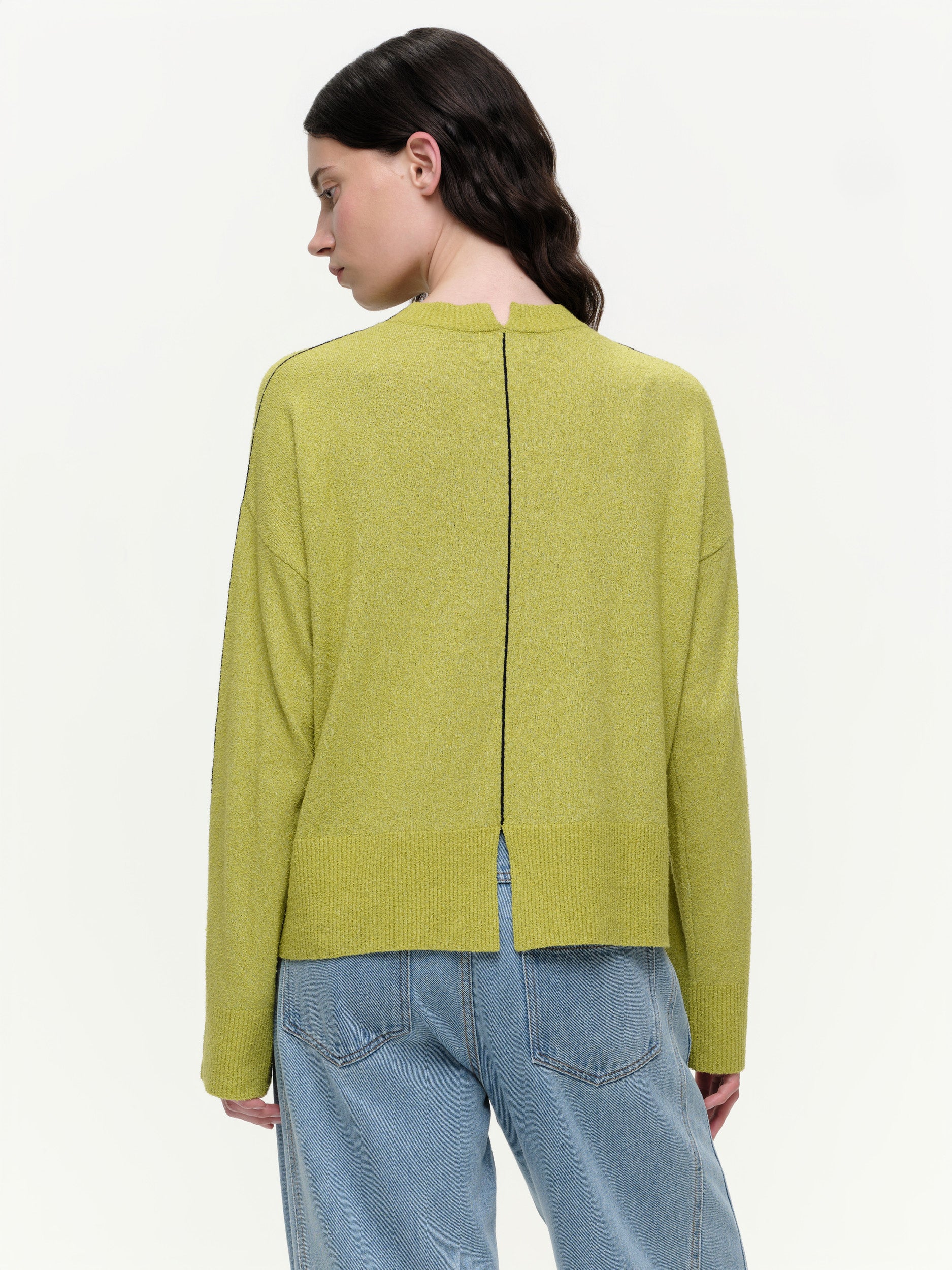 Lightweight bouclé knit summer sweater with a relaxed fit, featuring contrast stripe detailing at the back and sleeves and wide ribbed cuffs.