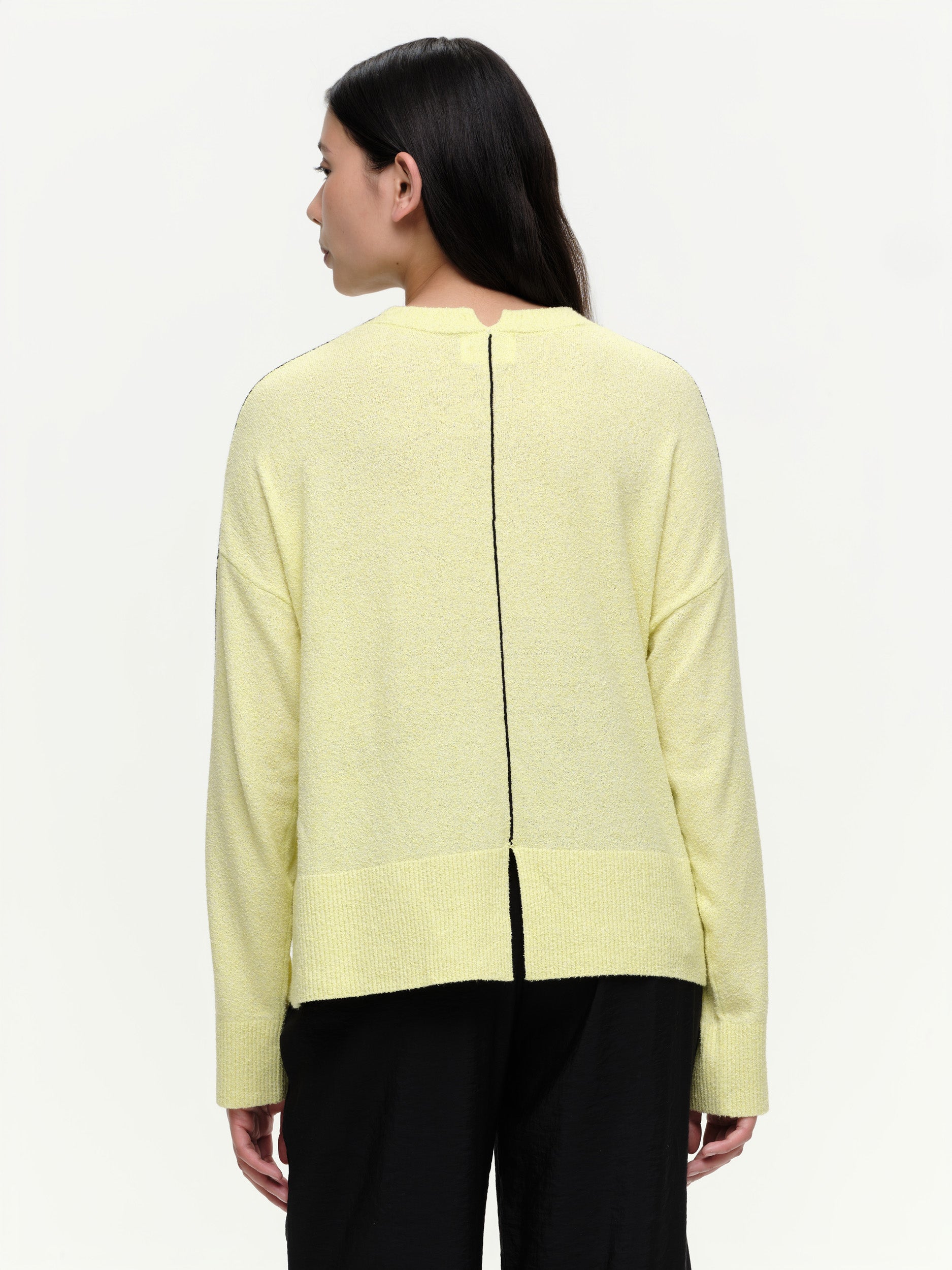 Lightweight bouclé knit summer sweater with a relaxed fit, featuring contrast stripe detailing at the back and sleeves and wide ribbed cuffs.